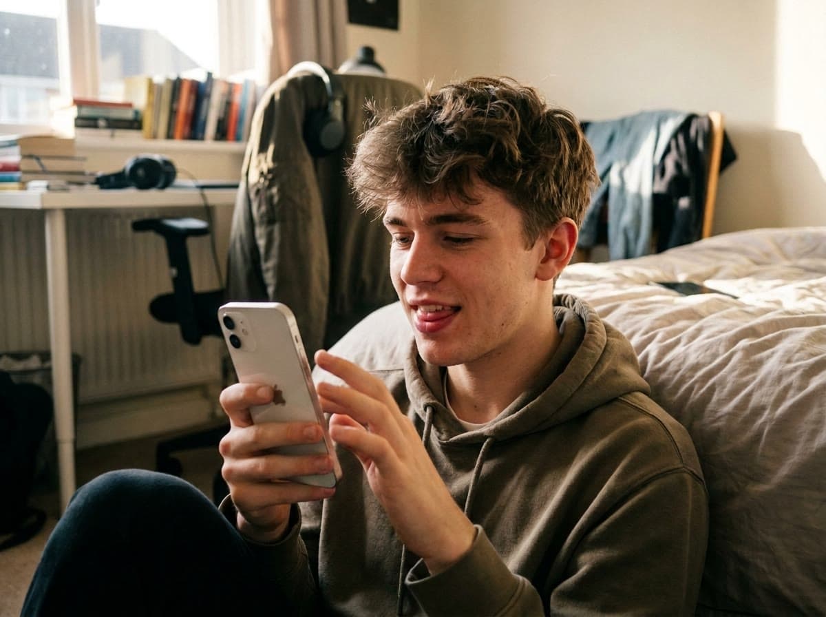 Un ragazzo seduto sul pavimento della sua stanza gioca con il suo iPhone e parla ad alta voce al gioco