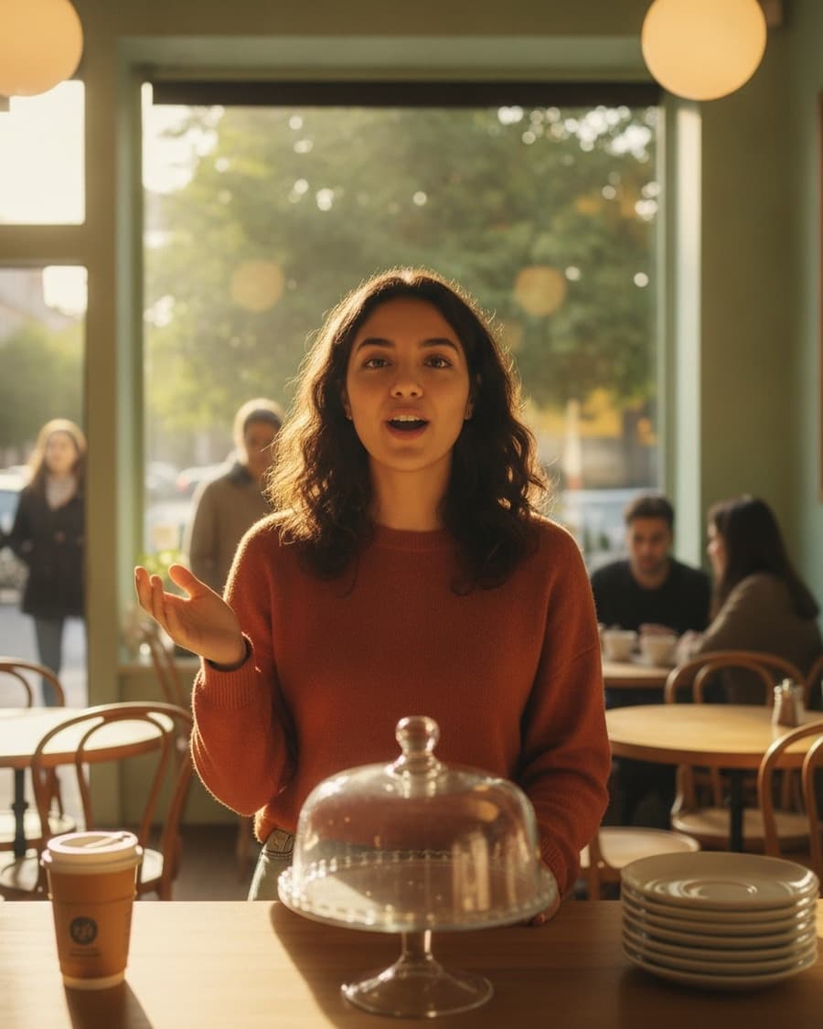 Un cliente al bancone di un vero caffè, a metà frase